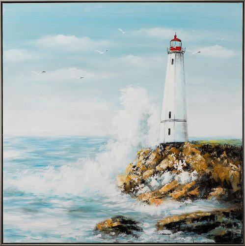 Lighthouse with crashing waves Acrylic painting 102,5x102,5 cm