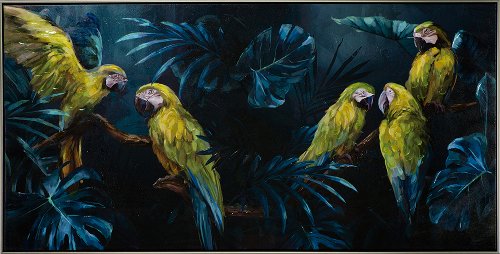 Parrots in blue jungle 