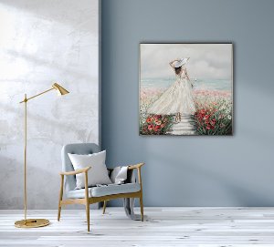Gemälde Frau in Blumenmeer im weißen Kleid