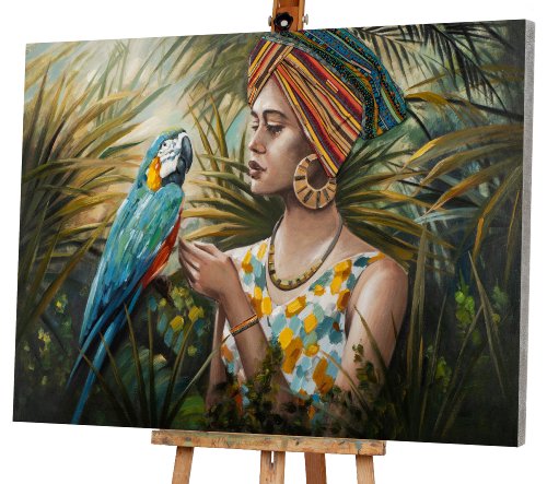 Femme dans jungle avec perroquet bleu-coloré