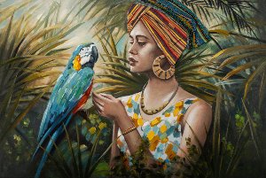 Femme dans jungle avec perroquet bleu-coloré