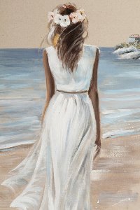 Femme à la plage avec robe blanche II