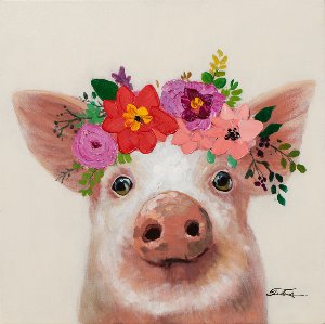 Petit cochon avec couronne de fleurs