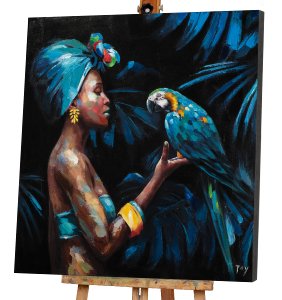 Gemälde Schönheit mit blauem Papagei