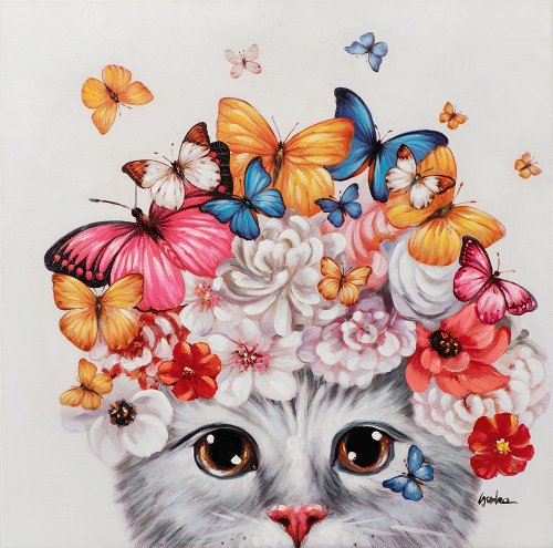 Gemälde Kätzchen mit Blumen und Schmetterlingen