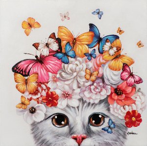 Kätzchen mit Blumen und Schmetterlingen