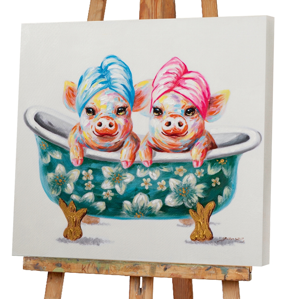 2 Schweinchen in der Wanne Acryl Gemälde 70x70 cm