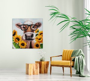 Vache à lunettes dans un champ de tournesols