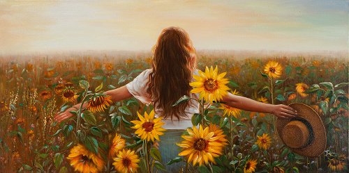 Gemälde Frau im Sonnenblumenfeld