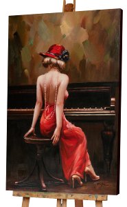 Dame à chapeau rouge au piano 