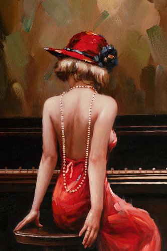 Lady at the piano with red hat 
