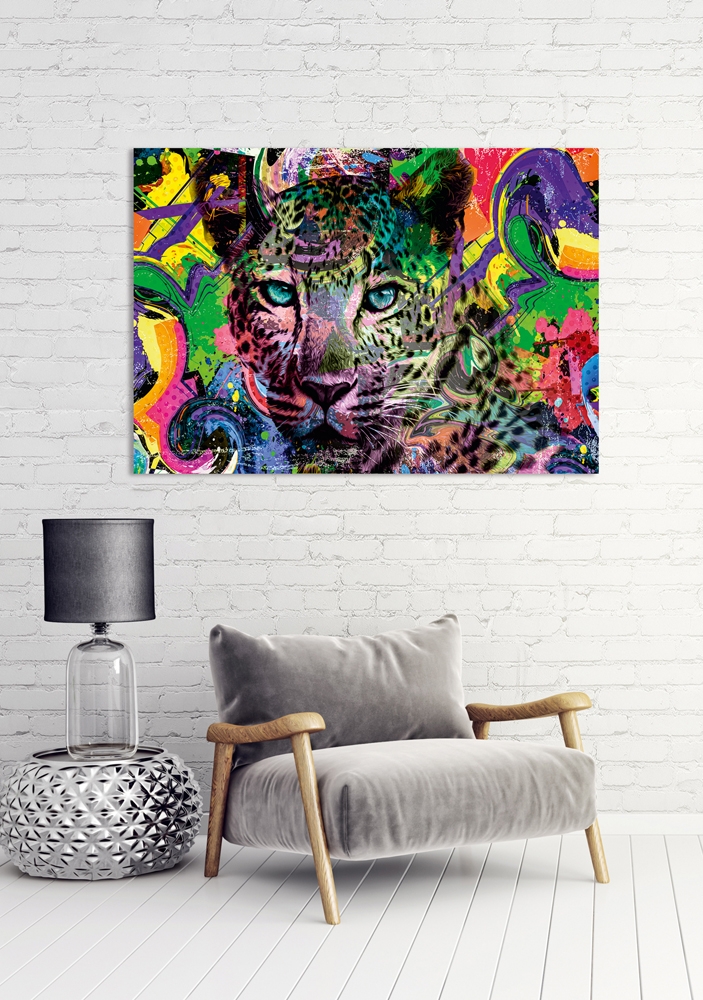Pop Art Leopard auf 80x120 Digitaldruck cm Alu-Verbundplatte