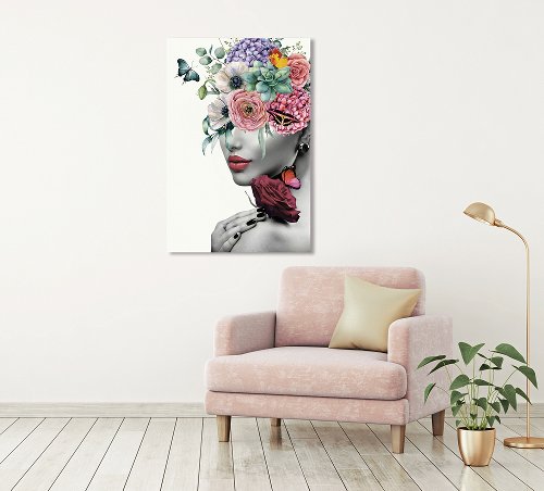 Glasbild Lady mit Blumen 